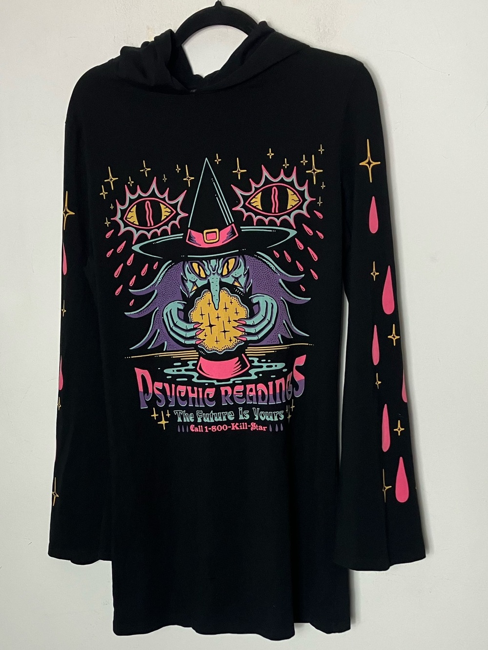 Killstar Crystal‎ Gazer Hooded Dress Bell Sleeves Graphic Hood Large